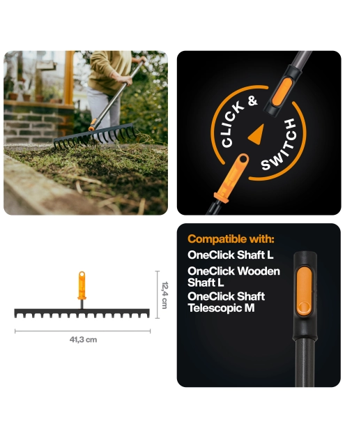 Zdjęcie: Grabie metalowe do gleby 16 zębów, głowica One Click FISKARS