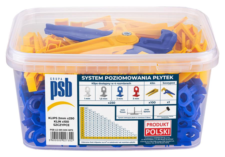 Zdjęcie: System poziomowania płytek klipsy + kliny + szczypce niebiesko-żółte 250 szt. PSB