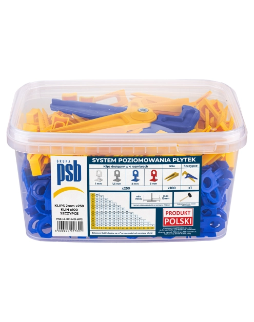 Zdjęcie: System poziomowania płytek klipsy + kliny + szczypce niebiesko-żółte 250 szt. PSB