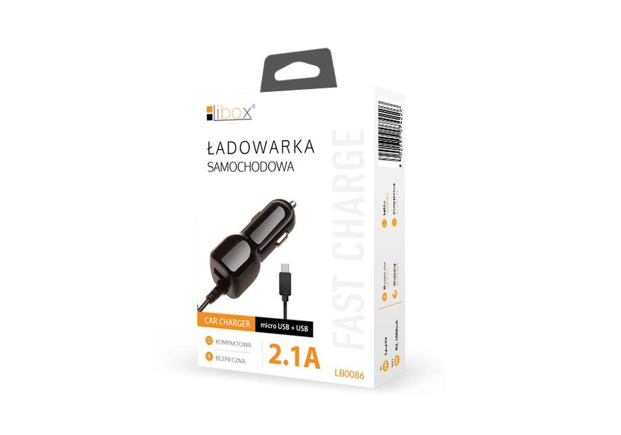 Zdjęcie: Ładowarka samochodowa kab. micro USB 5V 2.1A + port USB czarna LB0086 LIBOX