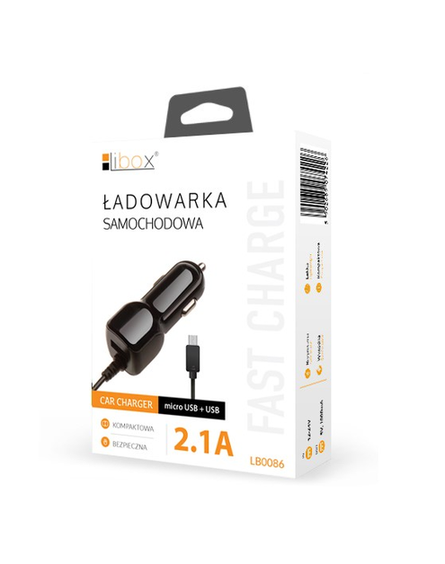 Zdjęcie: Ładowarka samochodowa kab. micro USB 5V 2.1A + port USB czarna LB0086 LIBOX