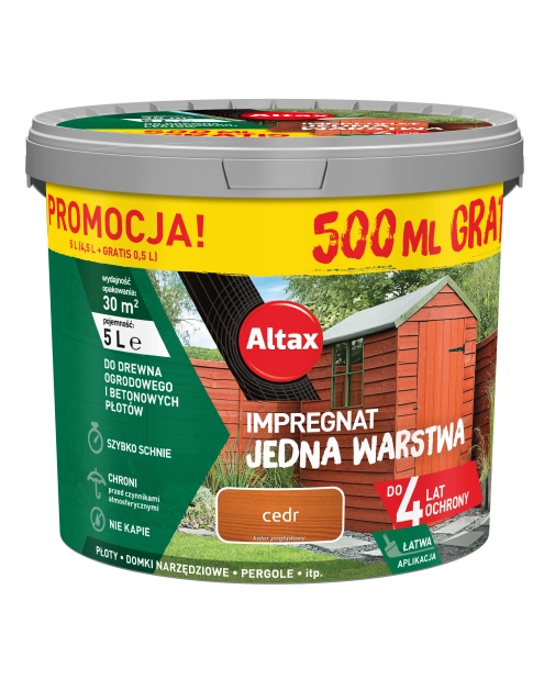 Zdjęcie: Impregnat Jedna Warstwa 4 lata, cedr 4,5 L + 0,5 L ALTAX