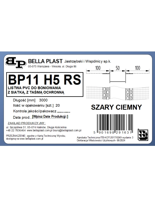 Zdjęcie: Listwa do boniowania PVC z siatką BP11 H5RS L300 szary ciemny BELLA PLAST