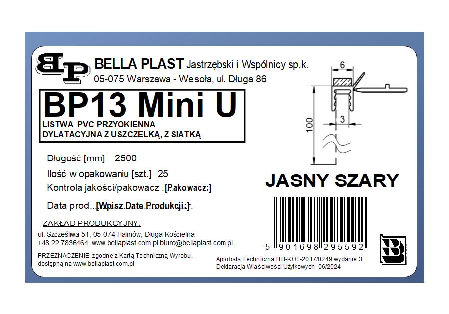 Zdjęcie: Listwa PVC BP13 Mini U L250 6/3 szary jasny, z siatką i z uszczelką BELLA PLAST