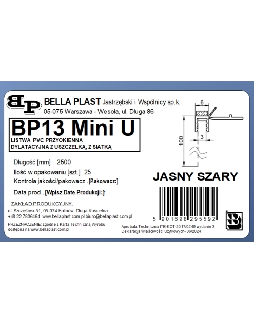 Zdjęcie: Listwa PVC BP13 Mini U L250 6/3 szary jasny, z siatką i z uszczelką BELLA PLAST