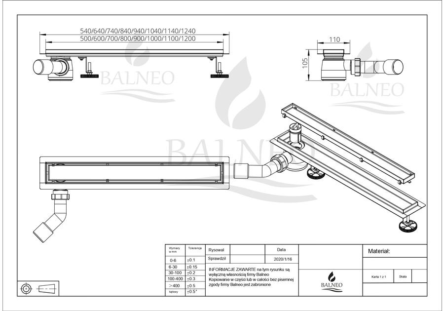 Zdjęcie: Odpływ liniowy z bocznym syfonem Side Drain (pod płytkę / Virgin) 120 cm BALNEO