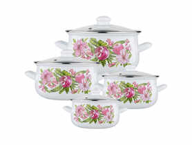 Komplet garnków emaliowanych 8 szt. z pokrywką szklaną 16-22 cm Klara dekoracja Hibiskus SILESIA