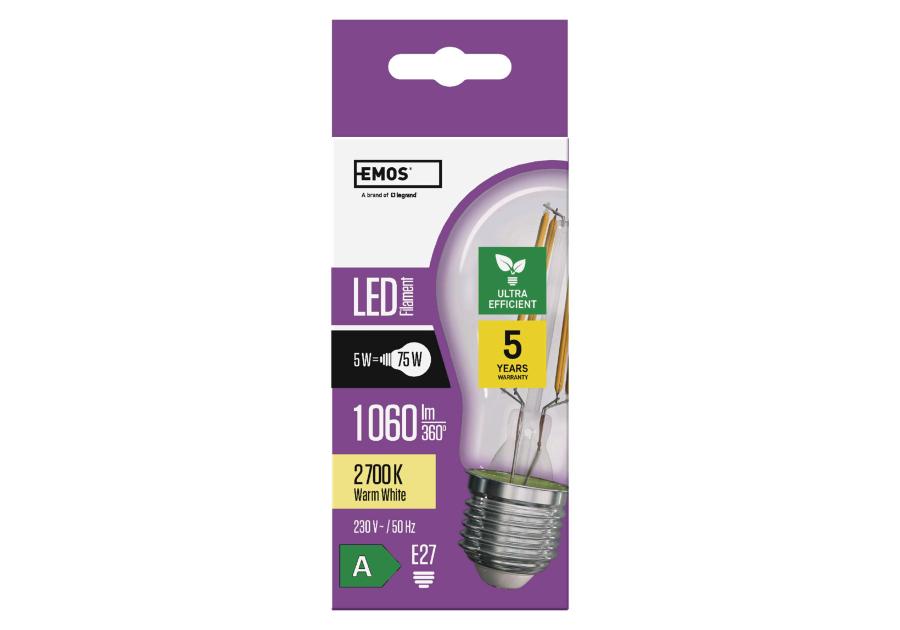 Zdjęcie: Żarówka LED Filament A60, E27, 5 W (75 W), 1 060 lm, ciepła biel EMOS