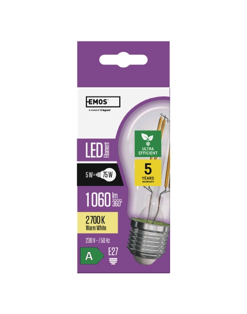 Zdjęcie: Żarówka LED Filament A60, E27, 5 W (75 W), 1 060 lm, ciepła biel EMOS