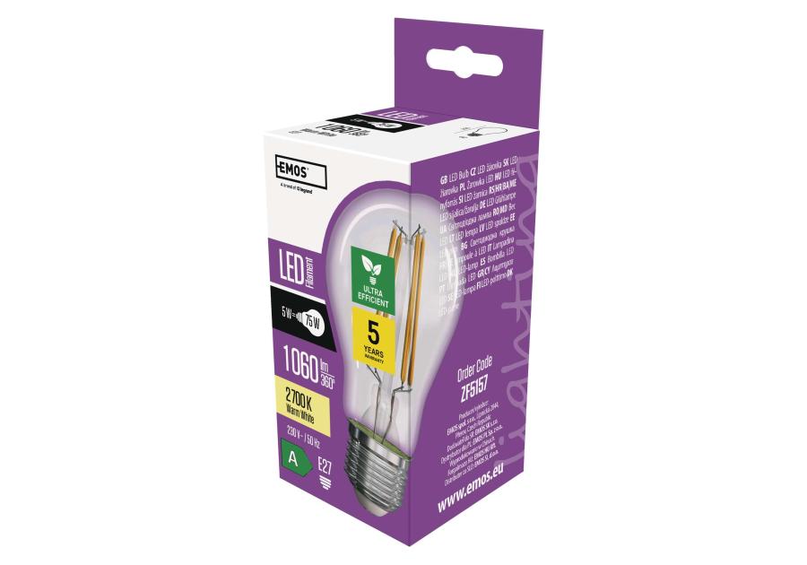 Zdjęcie: Żarówka LED Filament A60, E27, 5 W (75 W), 1 060 lm, ciepła biel EMOS