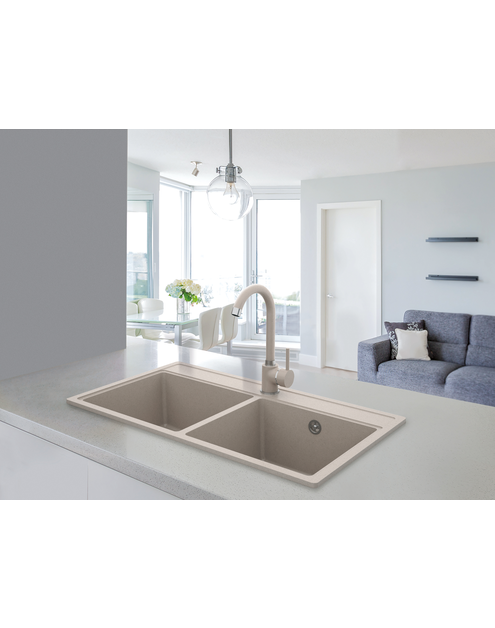 Zdjęcie: Zlewozmywak granitowy Metro 2-komorowy piaskowy, 76x44x19,5 cm syfon manualny, bateria U MILÓ