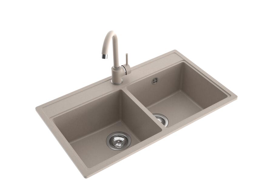 Zdjęcie: Zlewozmywak granitowy Metro 2-komorowy piaskowy, 76x44x19,5 cm syfon manualny, bateria U MILÓ