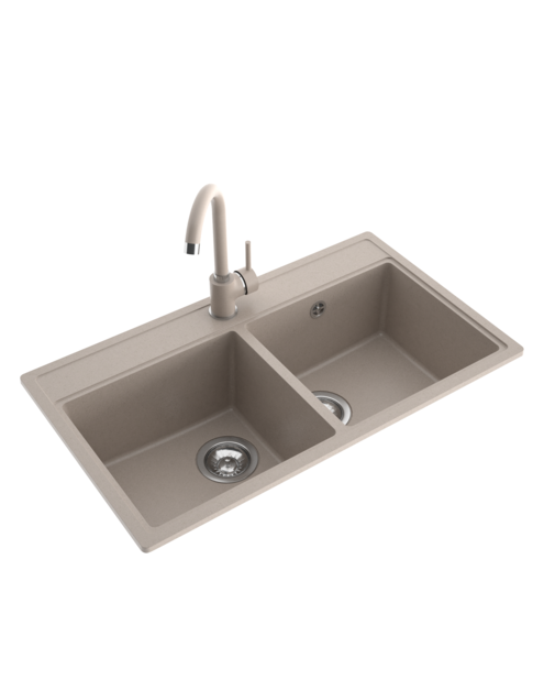 Zdjęcie: Zlewozmywak granitowy Metro 2-komorowy piaskowy, 76x44x19,5 cm syfon manualny, bateria U MILÓ