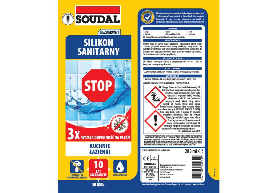 Zdjęcie: Silikon sanitarny STOP bezbarwny 280 ml SOUDAL