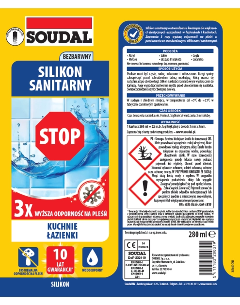 Zdjęcie: Silikon sanitarny STOP bezbarwny 280 ml SOUDAL