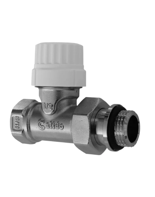 Zdjęcie: Zawór na zawieszce grzejnikowy termostatyczny zasilający prosty 1/2" z nastawą i o-ringiem CALIDO