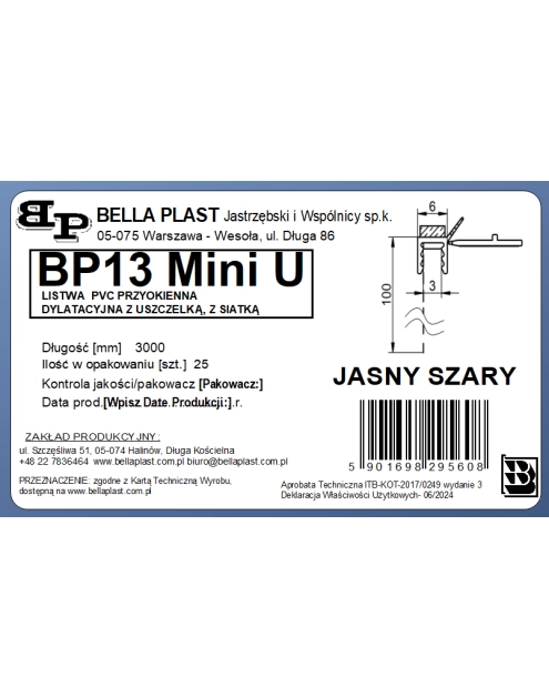 Zdjęcie: Listwa PVC BP13 Mini U L300 6/3 szary jasny, z siatką i z uszczelką BELLA PLAST