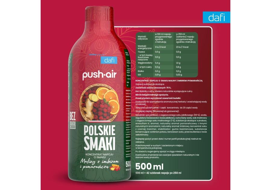 Zdjęcie: Koncentrat napoju malinowo-imbirowy z pomarańczą 500 ml DAFI