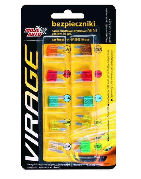 Zdjęcie: Zestaw bezpieczników samochodowych płaskich mini 10 szt. Virage MOJE AUTO