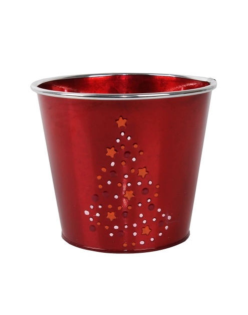 Zdjęcie: Osłonka doniczkowa metalowa z choinką 15x15x13 cm czerwona świąteczna TIN TOURS