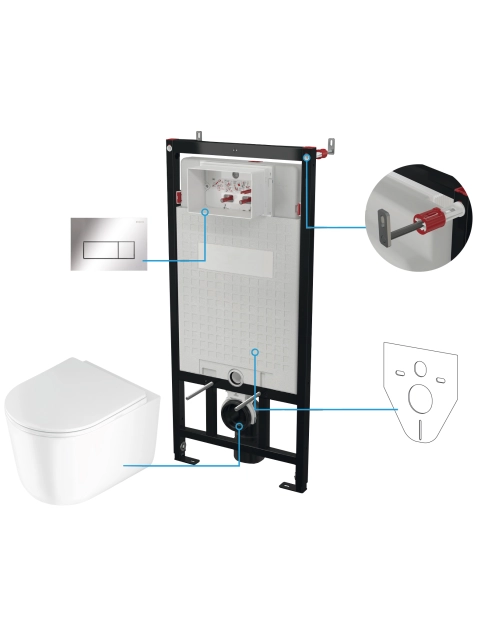 Zdjęcie: Zestaw podtynkowy - stelaż, przycisk chrom, deska, miska wisząca bezkołnierzowa Jasmin DEANTE