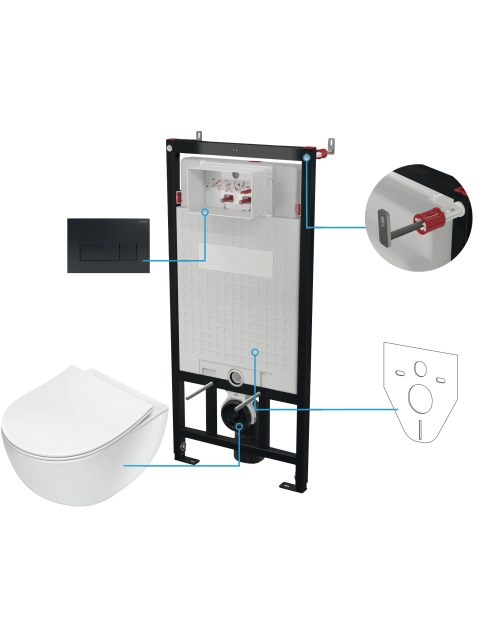 Zdjęcie: Zestaw podtynkowy - stelaż, przycisk Nero, deska, miska wisząca Peonia biała DEANTE