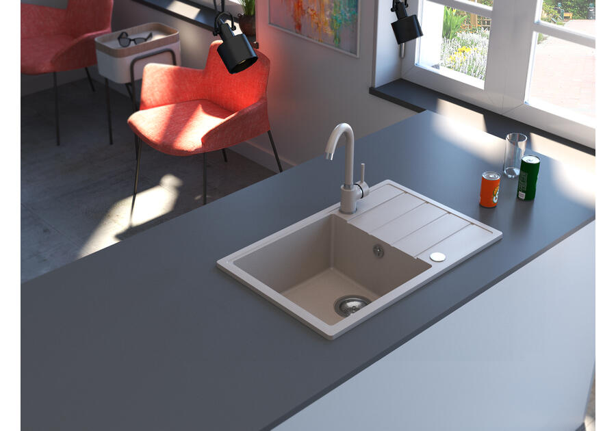 Zdjęcie: Zlewozmywak granitowy Metro piaskowy, 1 duża komora z ociekaczem, 68x44x19,5 cm syfon manualny MILÓ
