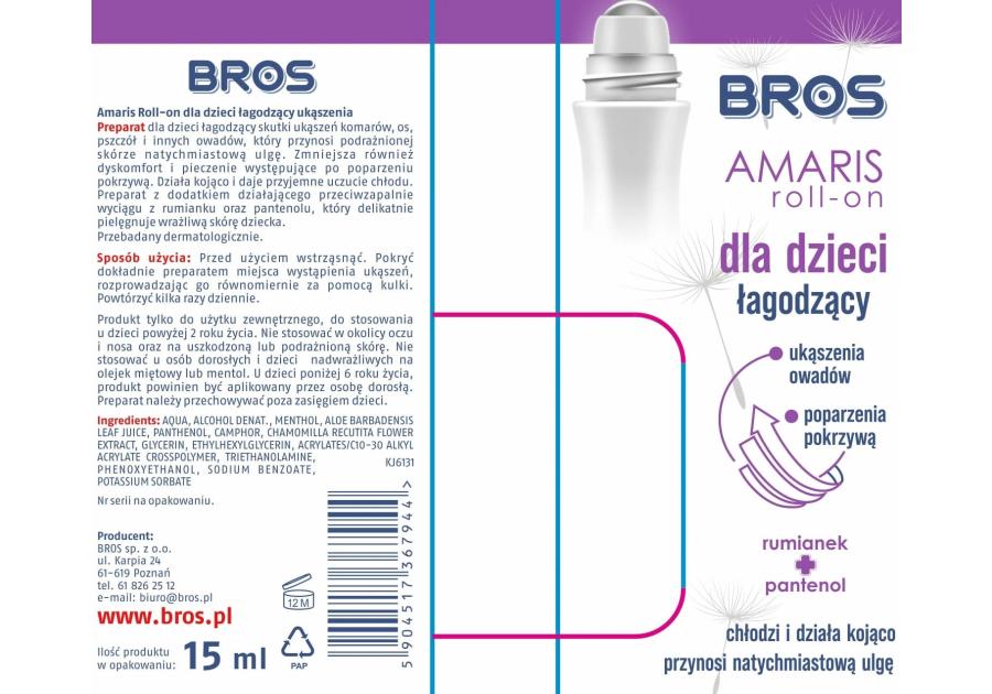 Zdjęcie: Środek łagodzący ukąszenia Amaris Roll-On dla dzieci 15 ml BROS