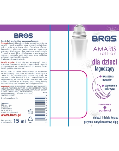 Zdjęcie: Środek łagodzący ukąszenia Amaris Roll-On dla dzieci 15 ml BROS