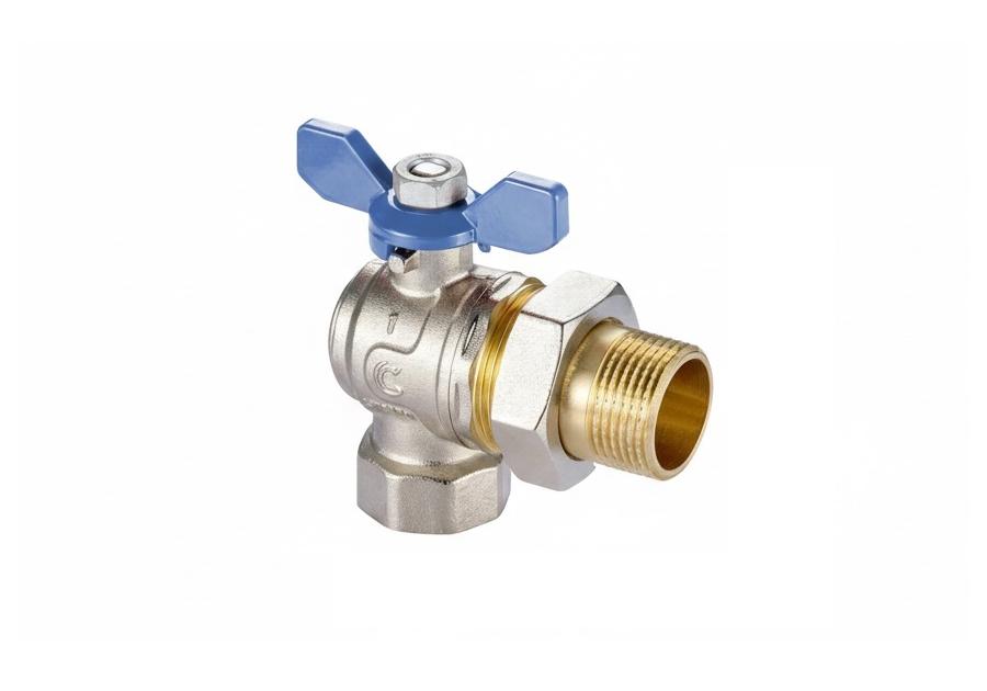 Zdjęcie: Zawór kulowy kątowy 1" w/z z półśrubunkiem i motylkiem niebieskim CALIDO