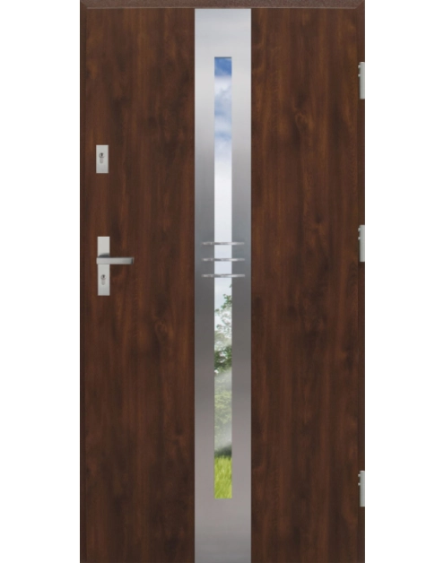 Zdjęcie: Drzwi zewnętrzne stalowo-drewniane Disting Otello 06 Orzech 90 cm prawe zamek listwowy KR CENTER