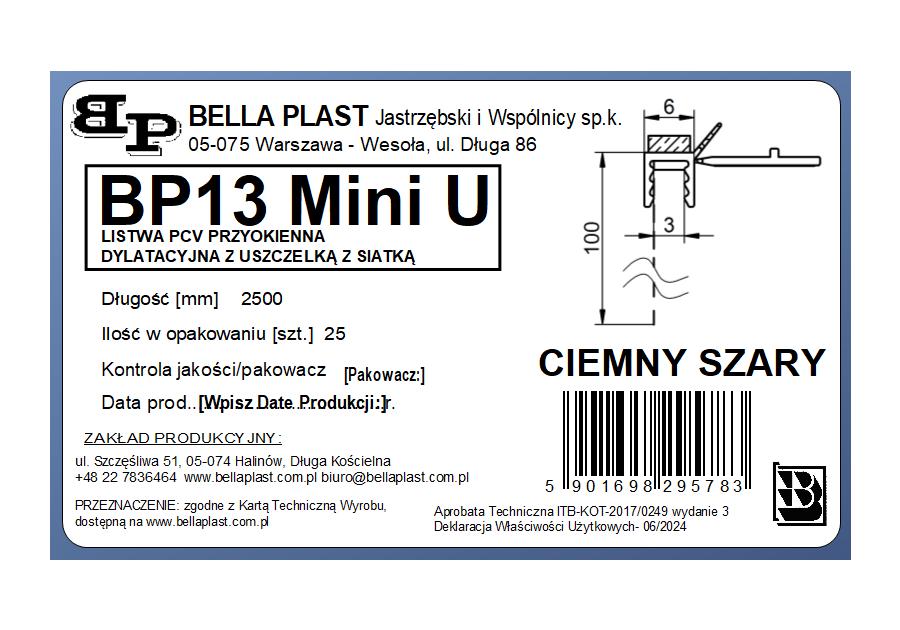 Zdjęcie: Listwa PVC BP13 Mini U L250 6/3 szary ciemny, z siatką i z uszczelką BELLA PLAST