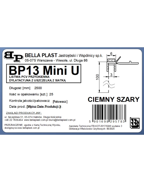 Zdjęcie: Listwa PVC BP13 Mini U L250 6/3 szary ciemny, z siatką i z uszczelką BELLA PLAST