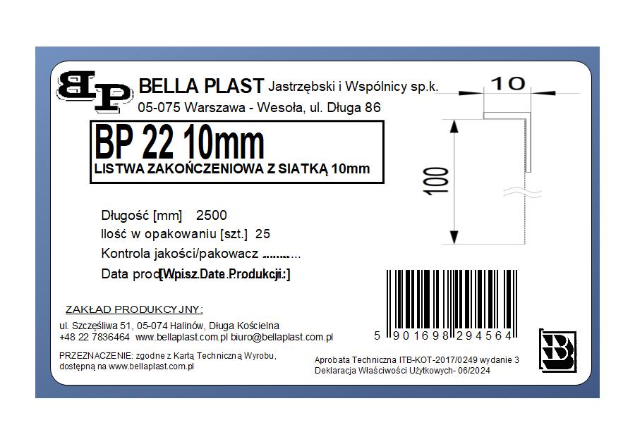 Zdjęcie: Listwa PVC zakończeniowa z siatką BP22 L250 10 mm biała BELLA PLAST