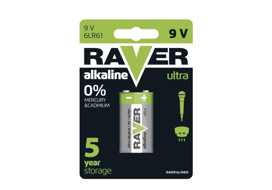 Zdjęcie: Bateria alkaliczna Raver Ultra Alkaline 9V (6LF22) blister 1 EMOS