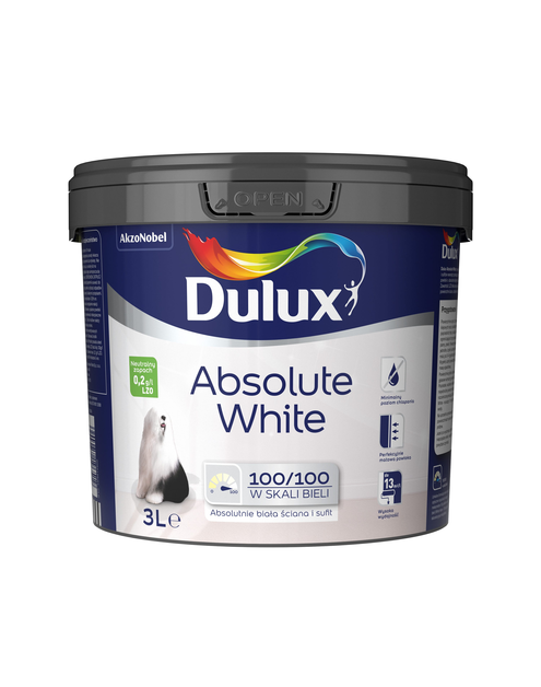 Zdjęcie: Farba do malowania ścian i sufitów Absolute White 3 l DULUX