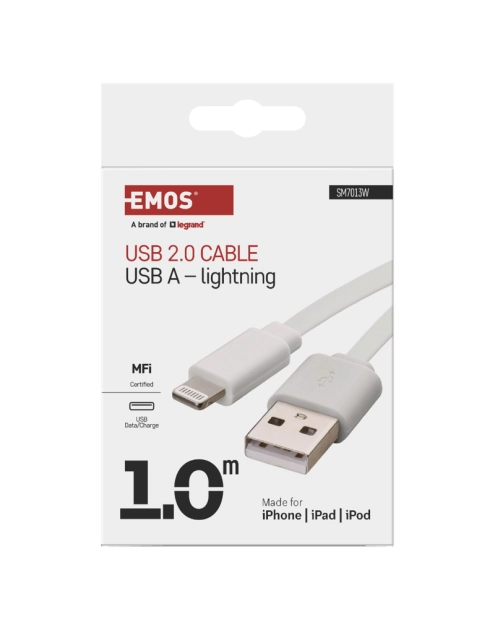 Zdjęcie: Kabel Usb 2.0, wtyk A - Lightning MFi, i16P, ładowanie, transmisja danych, 1 m, biały EMOS
