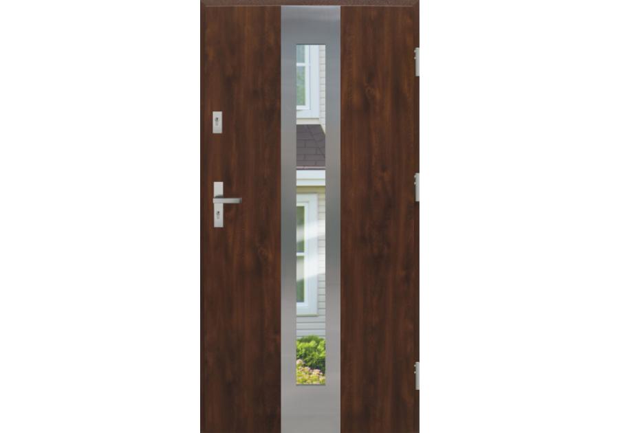 Zdjęcie: Drzwi zewnętrzne stalowo-drewniane Disting Otello 05 Orzech 90 cm prawe zamek listwowy KR CENTER