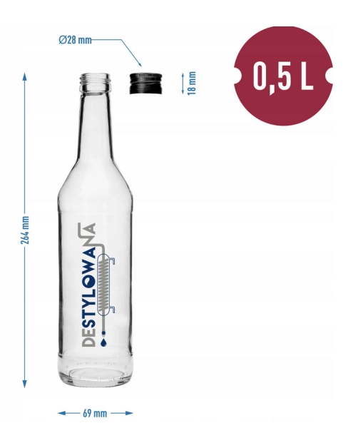 Zdjęcie: Butelka 500 ml z zakrętką i nadrukiem Destylowana 631426 BROWIN