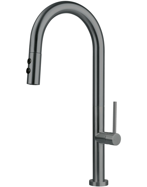 Zdjęcie: Bateria zlewozmywakowa z wylewką U Olfato, titanium, z wyciąganą słuchawką DEANTE