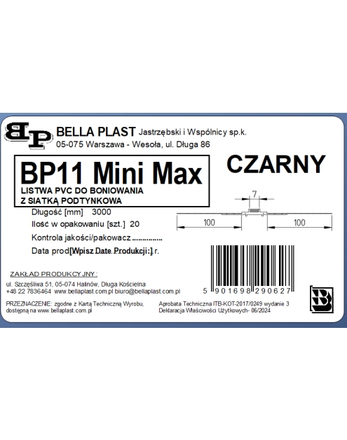 Zdjęcie: Listwa PVC do boniowania z siatką BP11 MINI MAX L300 czarny BELLA PLAST