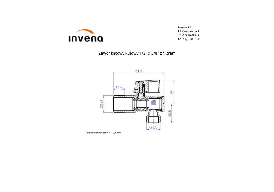 Zdjęcie: Zawór kątowy kulowy 1/2x3/8 z filtrem INVENA