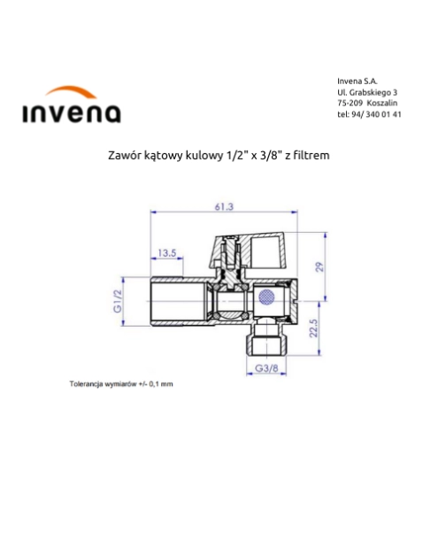 Zdjęcie: Zawór kątowy kulowy 1/2x3/8 z filtrem INVENA