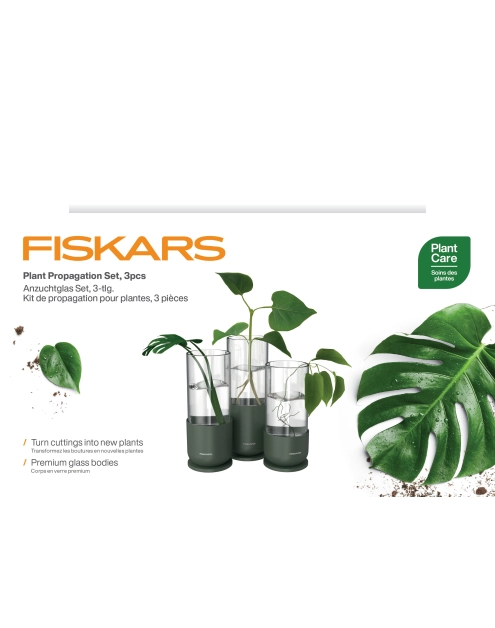 Zdjęcie: Zestaw szklanych pojemników do propagacji roślin Plant Care z metalową podstawą FISKARS