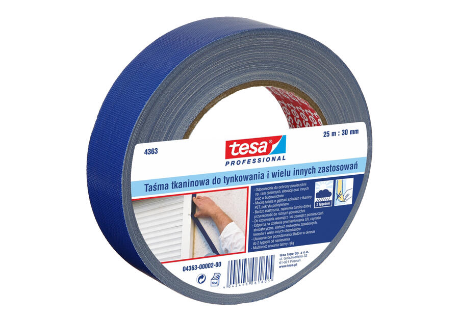 Zdjęcie: Taśma tynkarska Professional, tkaninowa, odporna na promieniowanie UV, 25 m-30 mm, granatowa TESA