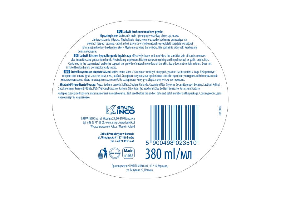 Zdjęcie: Mydło kuchenne w płynie hipoalergiczne 380 ml LUDWIK