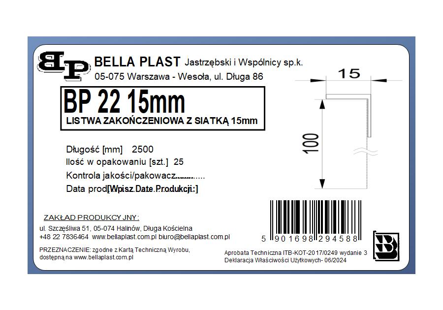 Zdjęcie: Listwa PVC zakończeniowa z siatką BP22 L250 15 mm biała BELLA PLAST