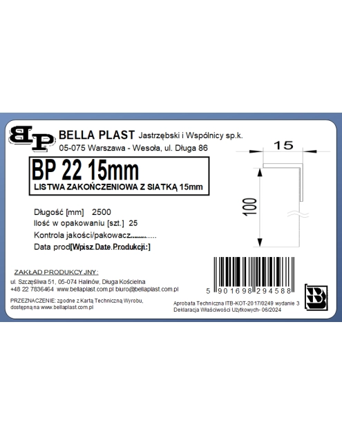 Zdjęcie: Listwa PVC zakończeniowa z siatką BP22 L250 15 mm biała BELLA PLAST