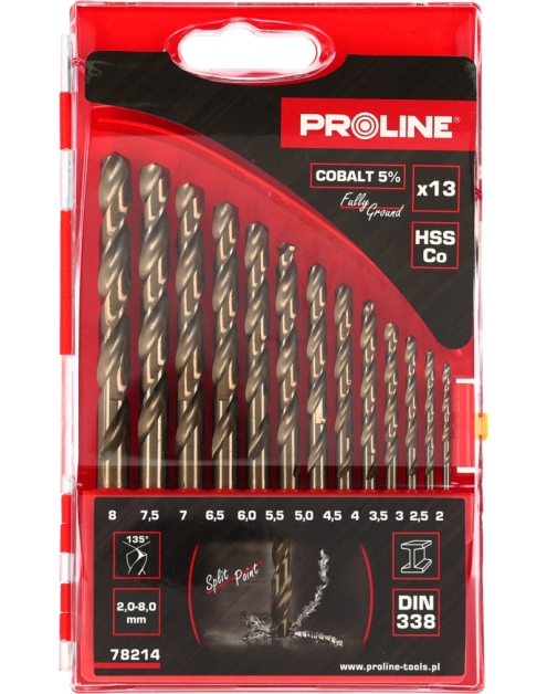 Zdjęcie: Wiertła do metalu HSSCo DIN338 szlifowane 13 szt. 2-8 mm PROLINE