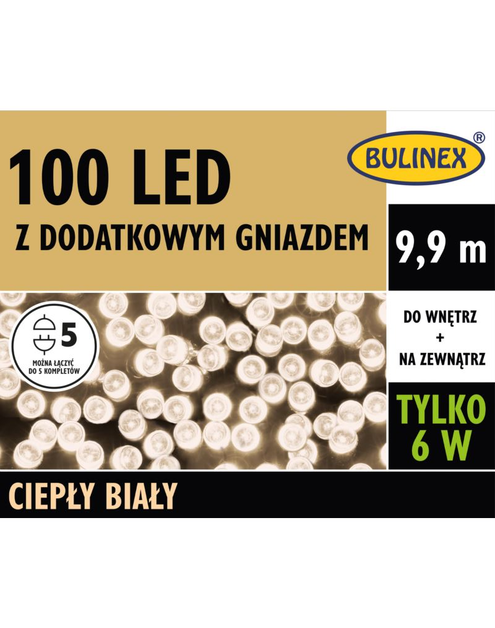 Zdjęcie: Lampki LED z dodatkowym gniazdem 9,9 m biały ciepły 100 lampek BULINEX